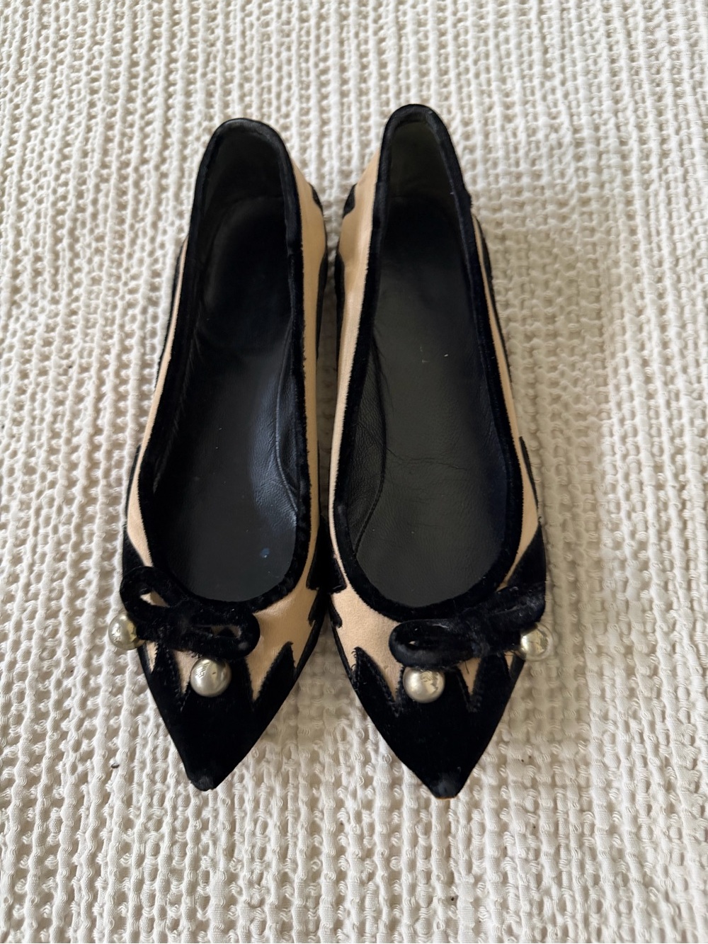 Emporio Armani Black and Beige Pointed-Toe Ballet Flats with Bow